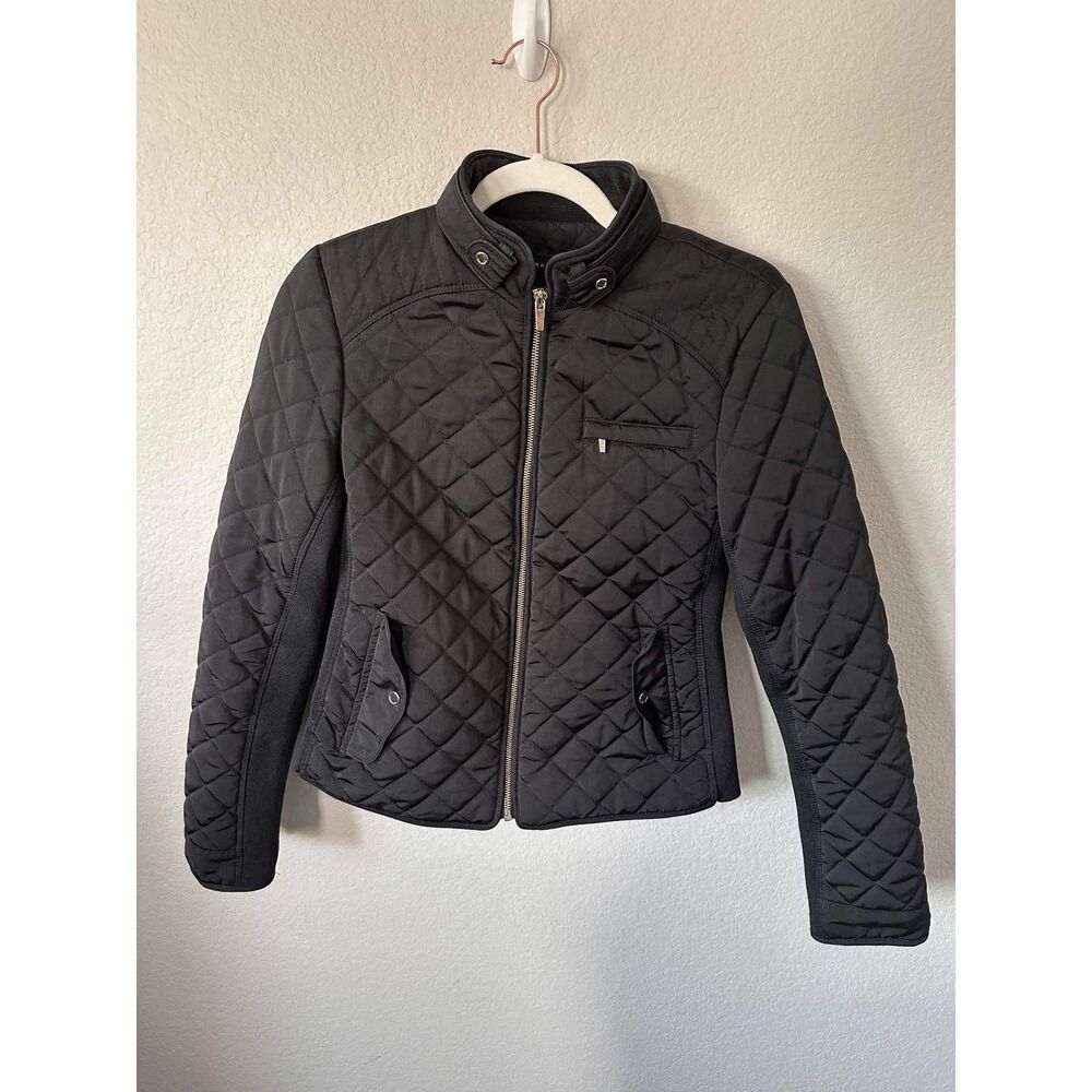 ZARA Woman Small Black Quilted Moto Jacket Lightweight Puffer Ribbed Knit Side